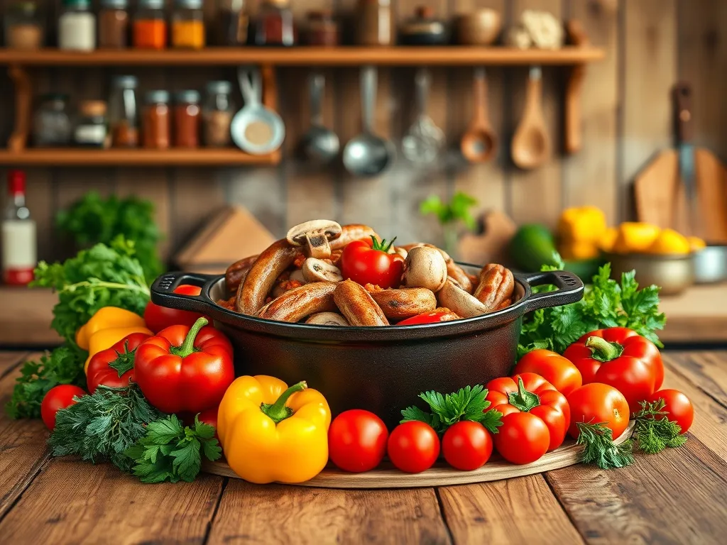 Przepis na leczo z kiełbasą, pieczarkami i papryką