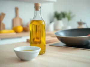 Butelka oleju z pestek winogron i miseczka z olejem obok patelni, sugerujące użycie do smażenia w nowoczesnej kuchni