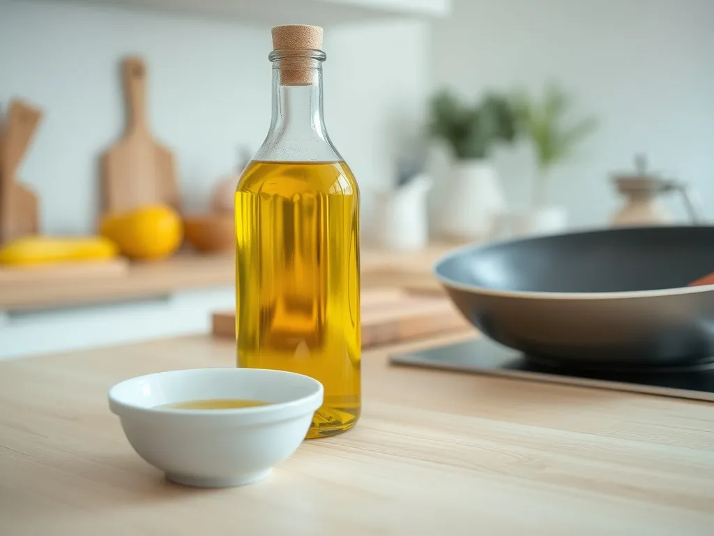 Butelka oleju z pestek winogron i miseczka z olejem obok patelni, sugerujące użycie do smażenia w nowoczesnej kuchni