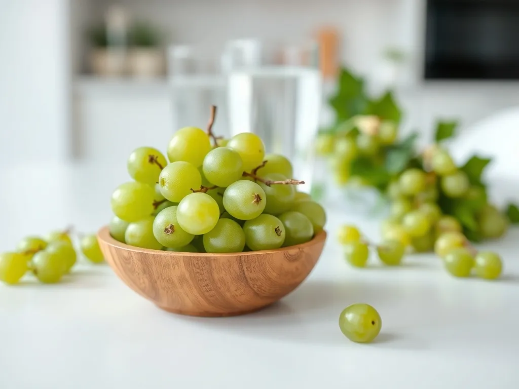 Zielone winogrona z widocznymi pestkami w miseczce, w tle woda i roślina, podkreślające zdrowy styl życia.