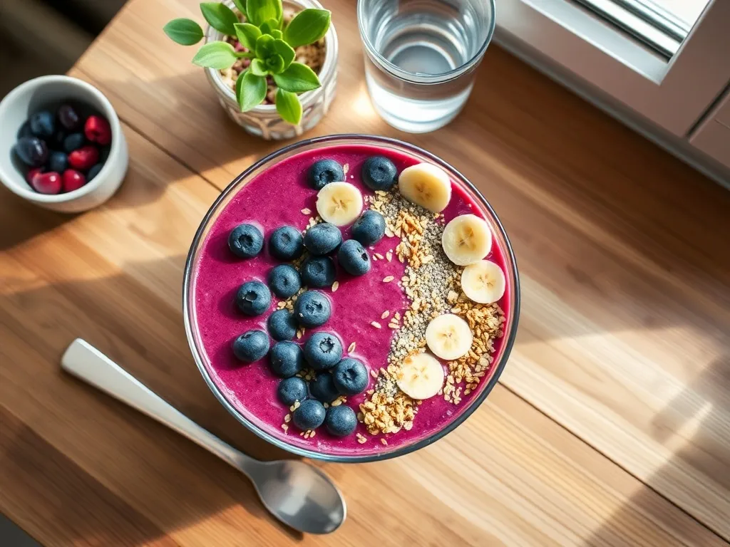 Kolorowa smoothie bowl z jagodami, bananem, chia i granolą na drewnianym stole, idealna propozycja zdrowego śniadania.