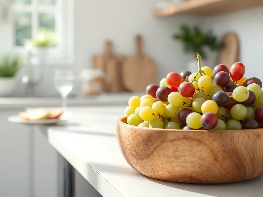 Miska świeżych zielonych i czerwonych winogron na blacie kuchennym, symbol zdrowej, lekkiej przekąski z owoców.