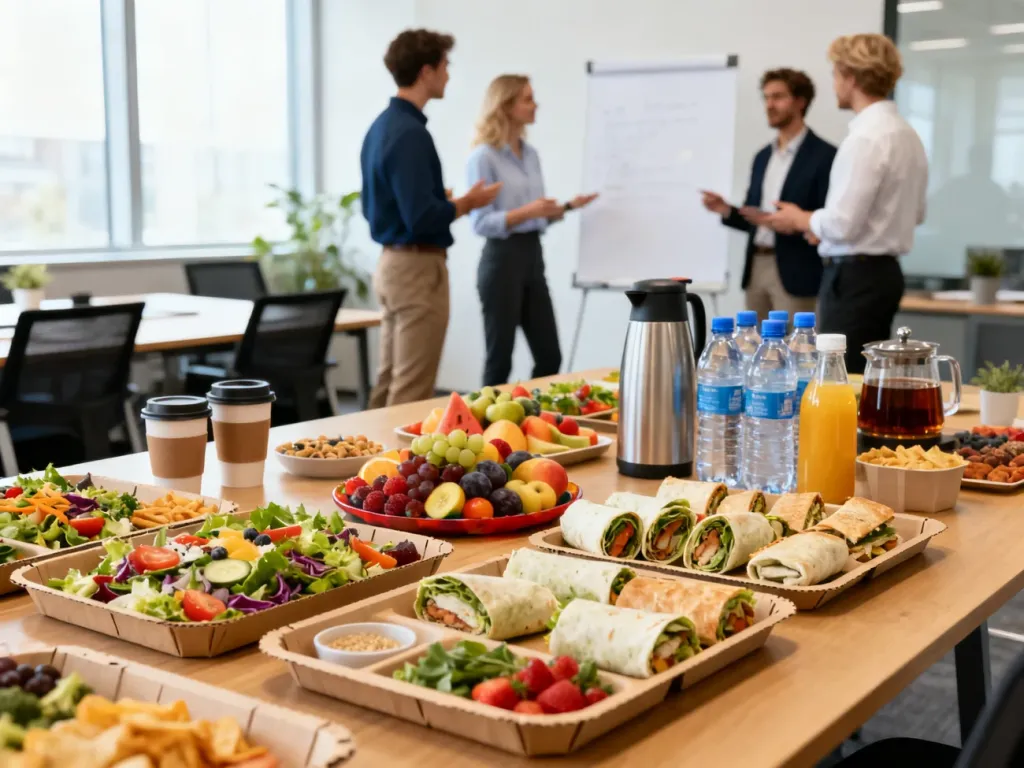 Różnorodny zdrowy catering na stole w sali szkoleniowej biura, uczestnicy rozmawiają w tle, no text on the picture