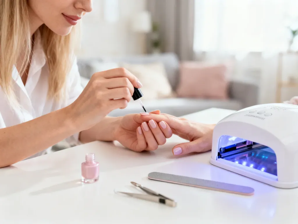 Dłoń kobiety malująca paznokcie lakierem hybrydowym na białym stole, obok lampa UV/LED i narzędzia do manicure