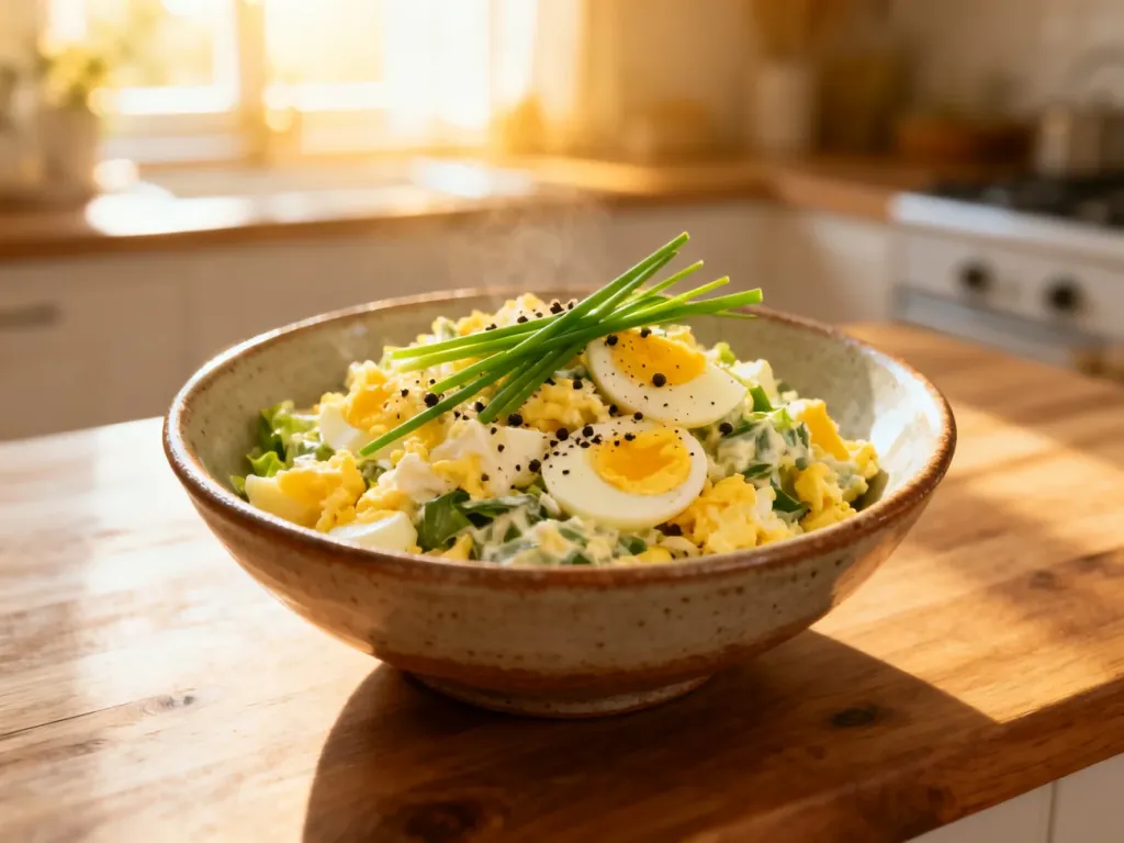 Zdrowa pasta jajeczna posypana szczypiorkiem w ceramicznej misce na drewnianym stole w słonecznej kuchni.