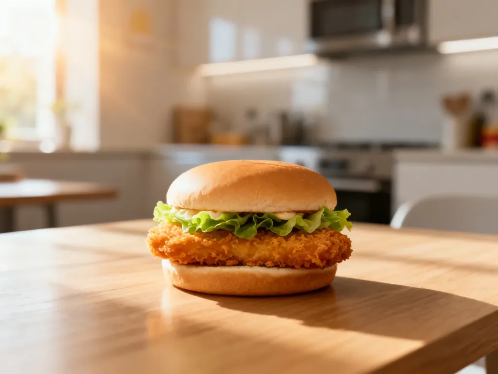 Apetyczna kanapka McChicken na drewnianym stole w promieniach porannego słońca.