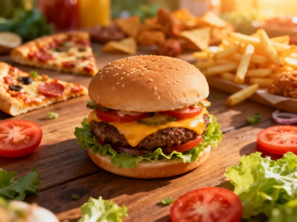 Apetyczny cheeseburger na drewnianym stole w otoczeniu składników, symbolizujący cheat day.