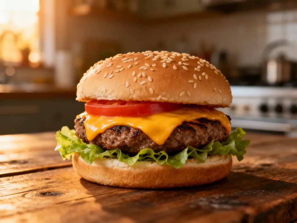Apetyczny cheeseburger z roztopionym serem, sałatą i pomidorem na drewnianym stole.