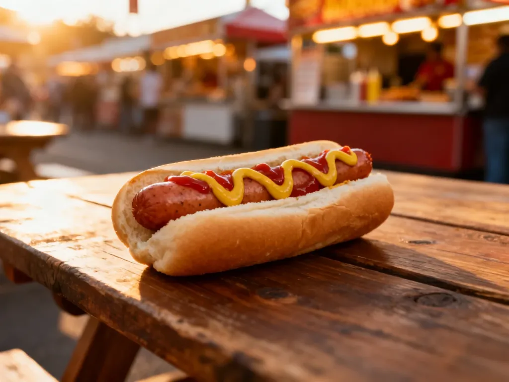 Klasyczny hot dog z musztardą i ketchupem w miękkiej bułce, podany na rustykalnym drewnianym stole.
