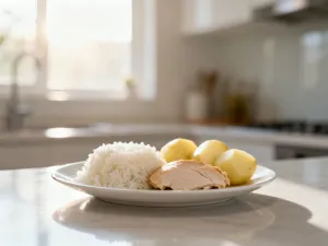 Zestaw lekkostrawnych produktów dozwolonych w diecie trzustkowej: gotowana ryba, ziemniaki, marchew i chudy twaróg.