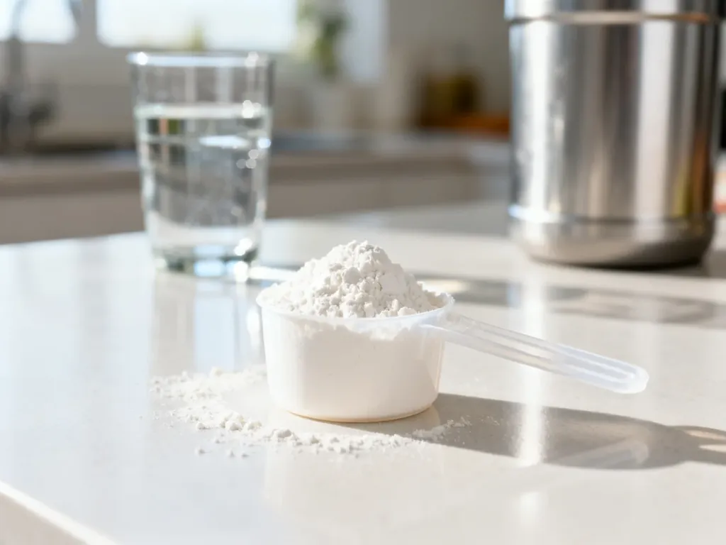 Plastikowa miarka wypełniona odżywką białkową na kuchennym blacie, w tle shaker i szklanka wody.