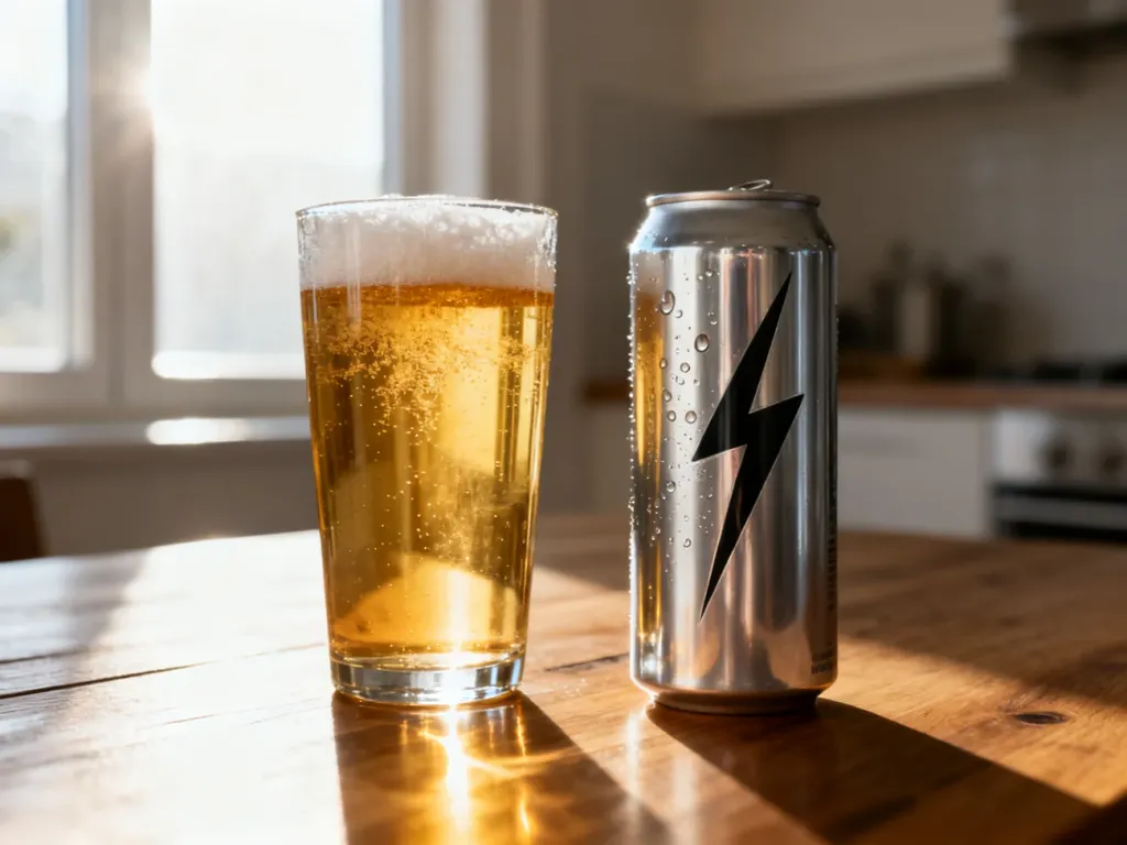Szklanka zimnego piwa obok puszki napoju energetycznego na drewnianym stole w kuchni.