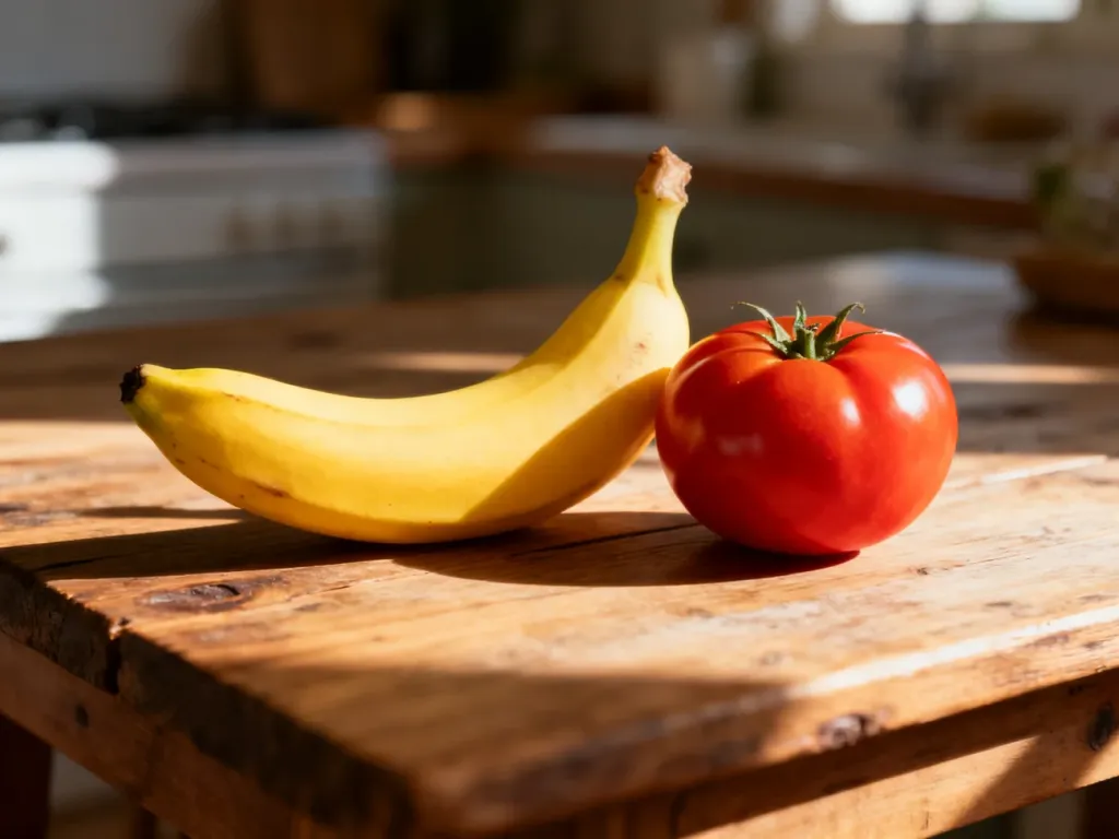 Świeży banan i dojrzały pomidor leżące obok siebie na drewnianym stole, ukazujące różnorodność źródeł potasu.