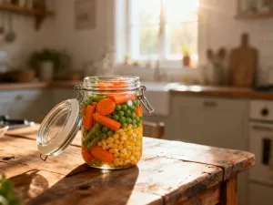 Upieczona pinsa capricciosa z szynką, pieczarkami i mozzarellą na drewnianej desce w przytulnej kuchni.