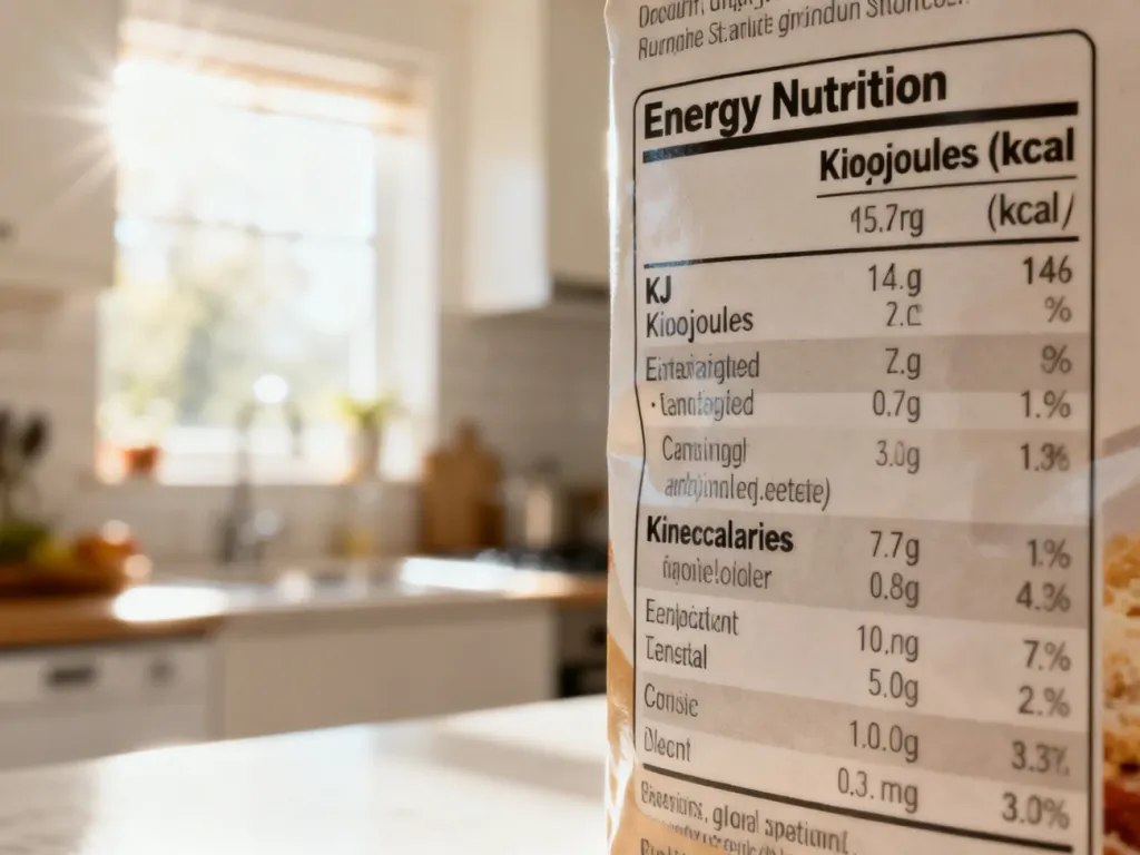 Etykieta żywieniowa z wyraźnie widocznymi wartościami energetycznymi w kJ i kcal na opakowaniu produktu spożywczego.