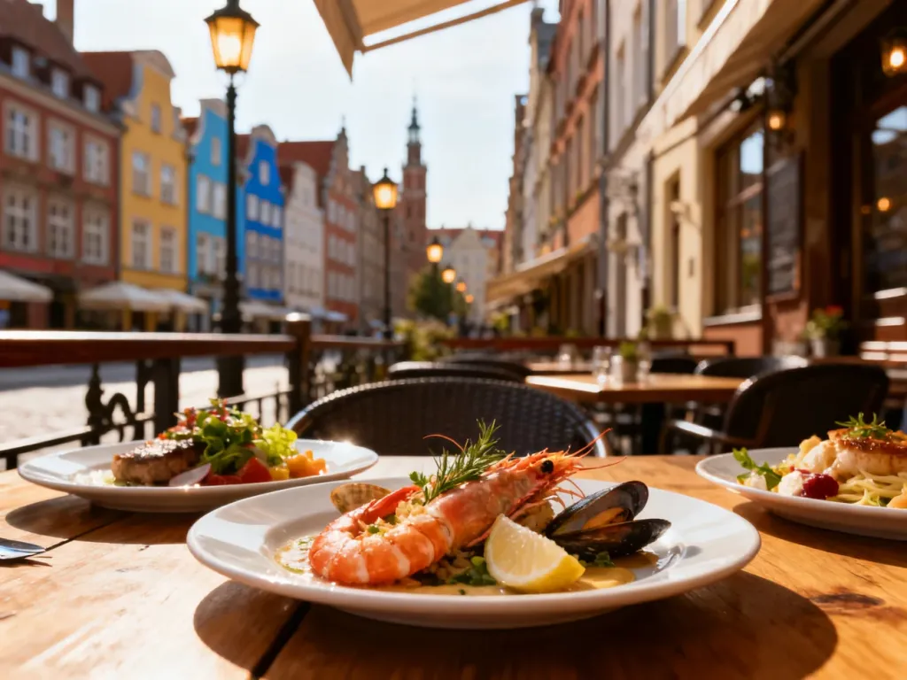 Przytulny ogródek restauracyjny w Gdańsku z nowoczesnymi polskimi daniami i owocami morza, zachęcający na obiad; no text on the picture