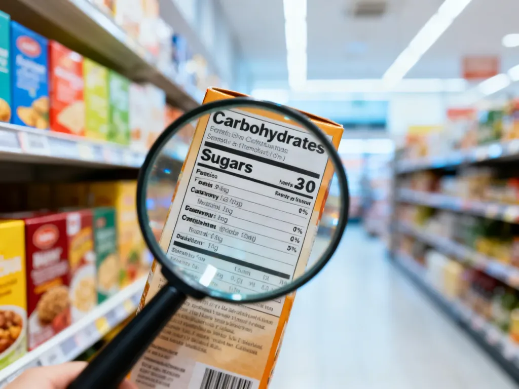 Lupa skupiona na sekcji „Węglowodany” i „Cukry” na etykiecie produktu spożywczego w supermarkecie.