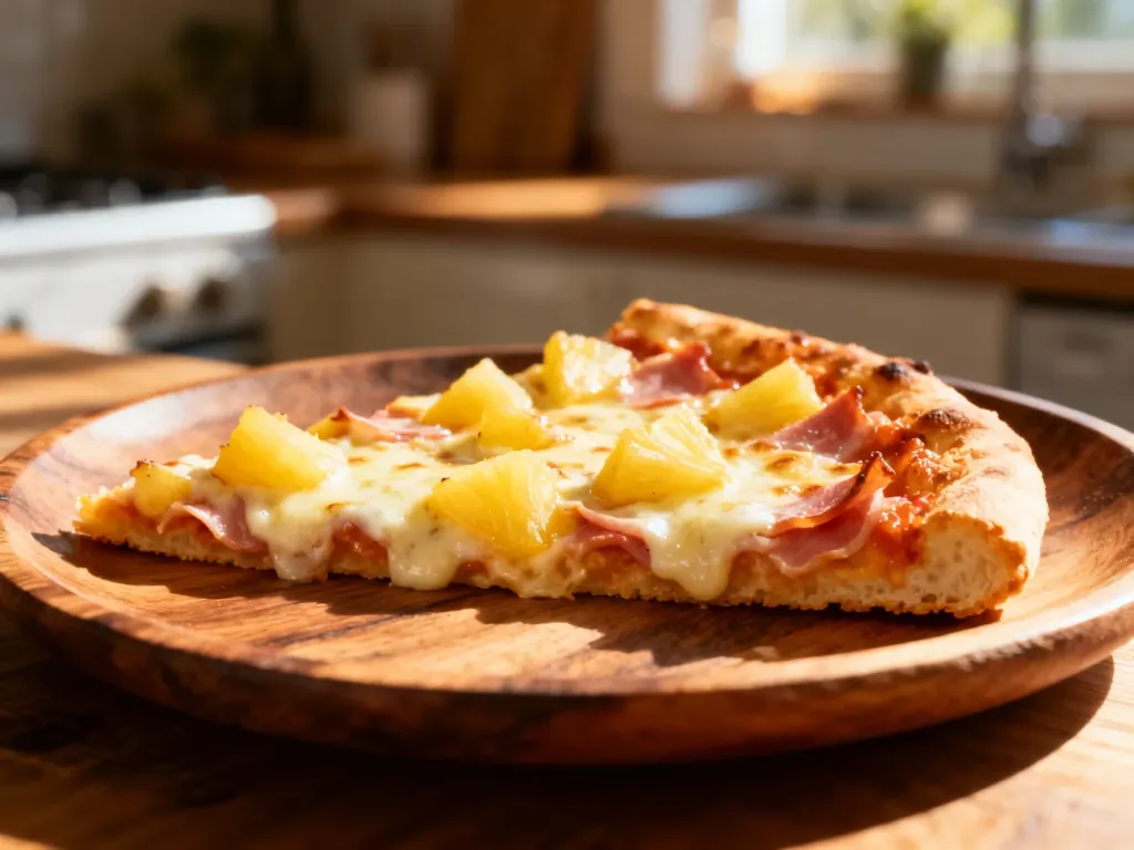 Kawałek pizzy hawajskiej z ananasem i szynką na drewnianym talerzu w ciepłym świetle słonecznym.