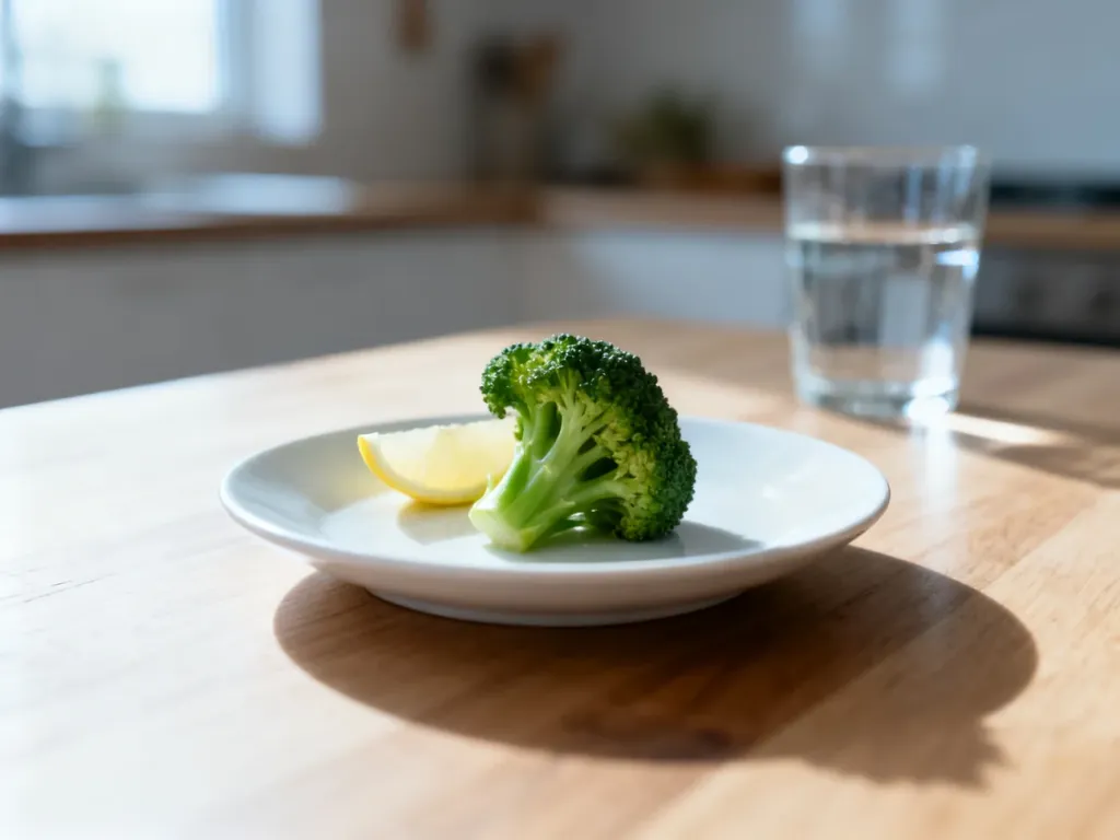 Minimalistyczna porcja gotowanych brokułów z cytryną na talerzu, obrazująca bardzo restrykcyjną dietę niskokaloryczną.
