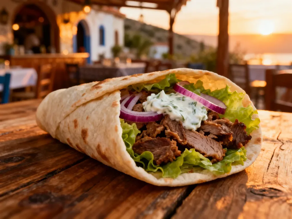 Apetyczny gyros w picie z mięsem, warzywami i sosem tzatziki podany na rustykalnym drewnianym stole.