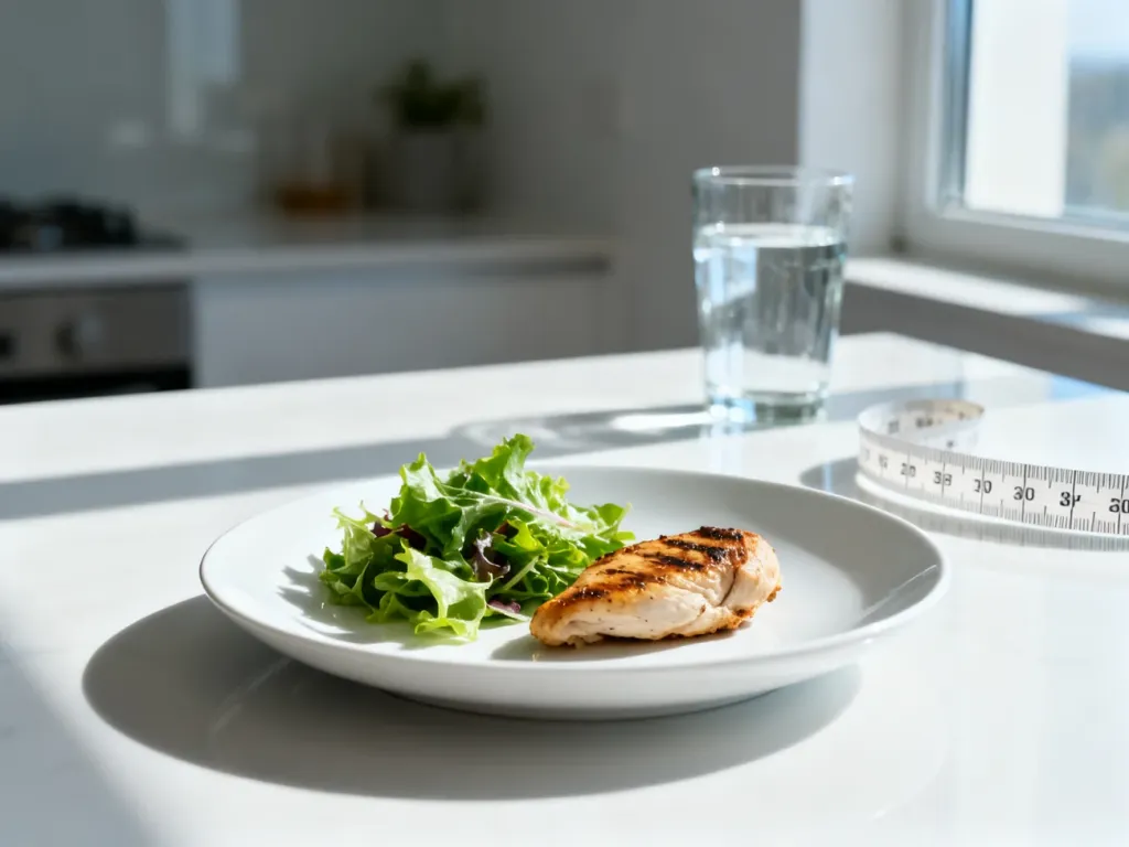 Minimalistyczna porcja sałatki z grillowanym kurczakiem na talerzu, obok szklanka wody i miarka krawiecka.