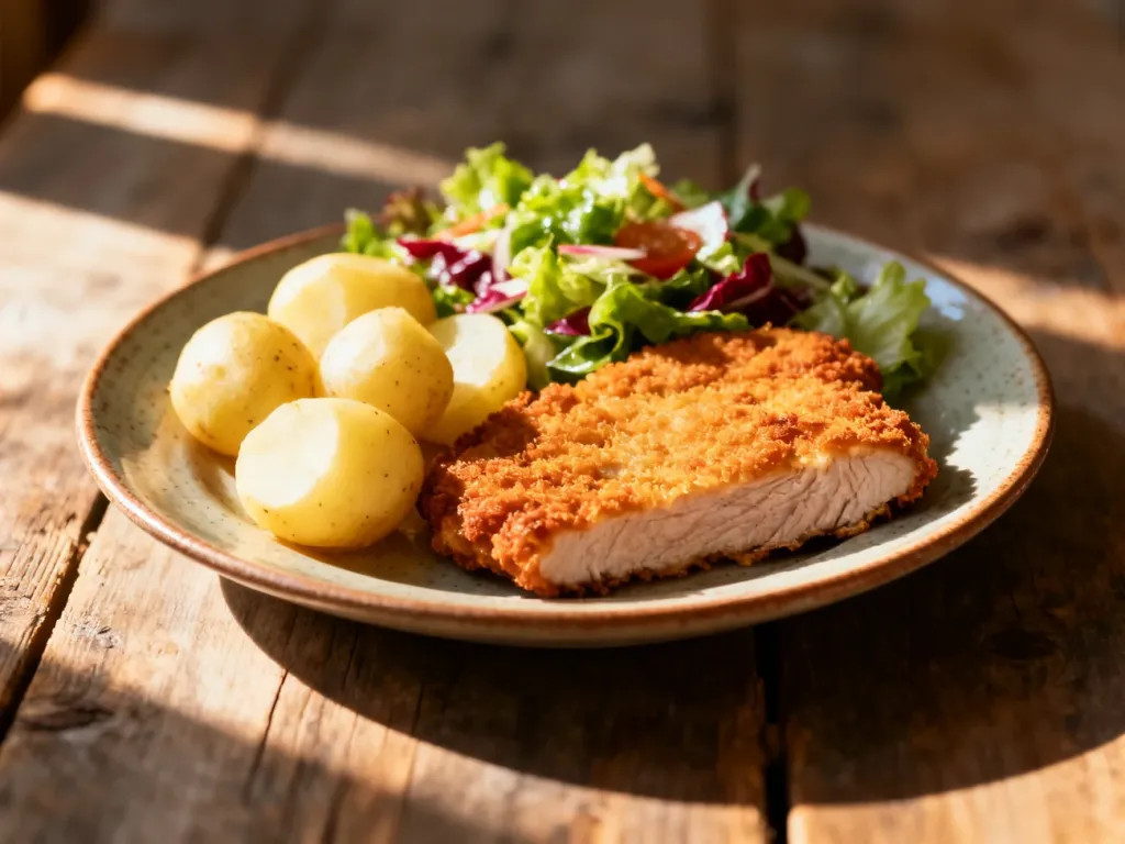 Tradycyjny kotlet schabowy z ziemniakami i surówką podany na ceramicznym talerzu na rustykalnym drewnianym stole.