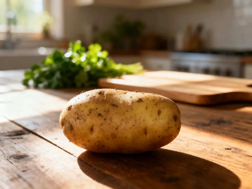 Surowy, organiczny ziemniak z widoczną fakturą skórki leżący na rustykalnym drewnianym stole w kuchni.