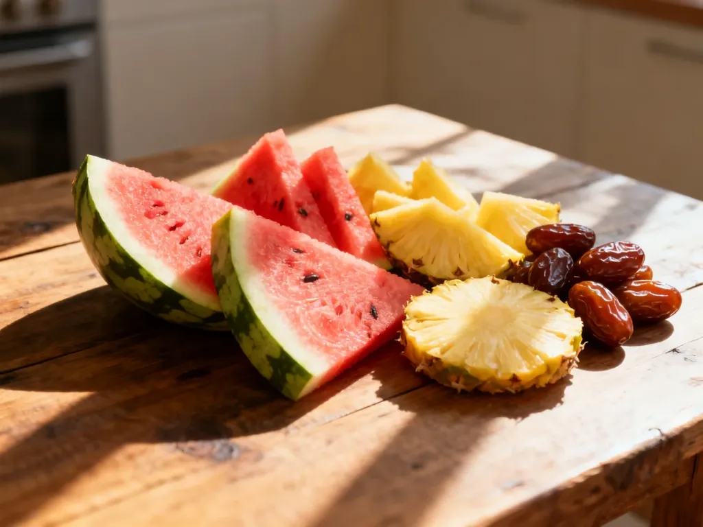 Aranżacja świeżych owoców tropikalnych, takich jak arbuz, ananas i daktyle, ułożonych na drewnianym stole.