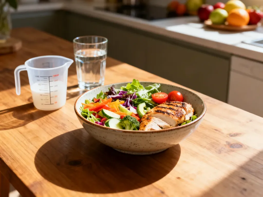 Zbilansowany posiłek z grillowanym kurczakiem i warzywami na drewnianym stole, ilustrujący zdrową dietę 1500 kcal.