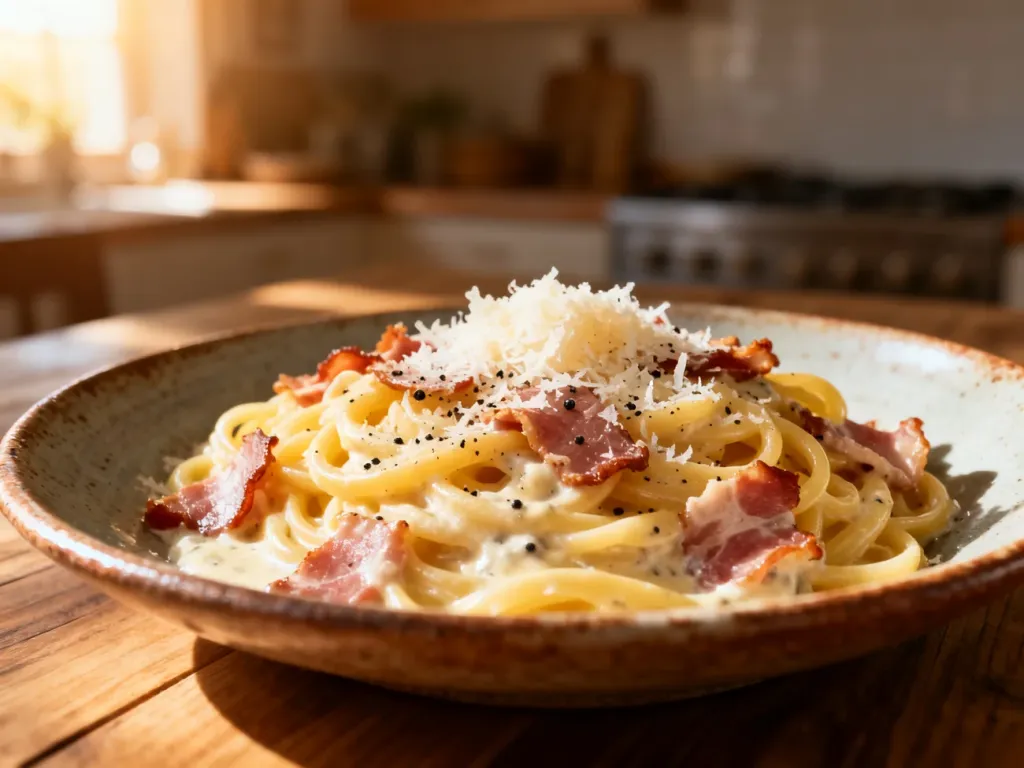 Klasyczne spaghetti carbonara z kremowym sosem, chrupiącym guanciale i serem pecorino na rustykalnym talerzu.