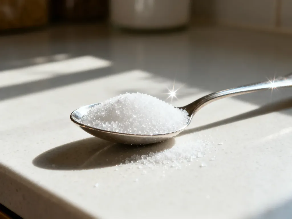 Srebrna łyżeczka wypełniona białym cukrem na minimalistycznym blacie kuchennym.