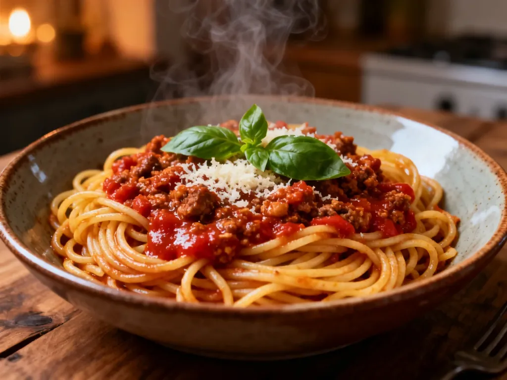 Parująca miska spaghetti bolognese z sosem mięsnym, posypana parmezanem i świeżą bazylią na rustykalnym stole.