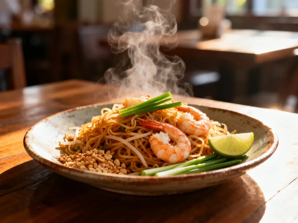 Parujący Pad Thai z krewetkami, orzeszkami i limonką na rustykalnym talerzu. Apetyczne danie w świetle poranka.