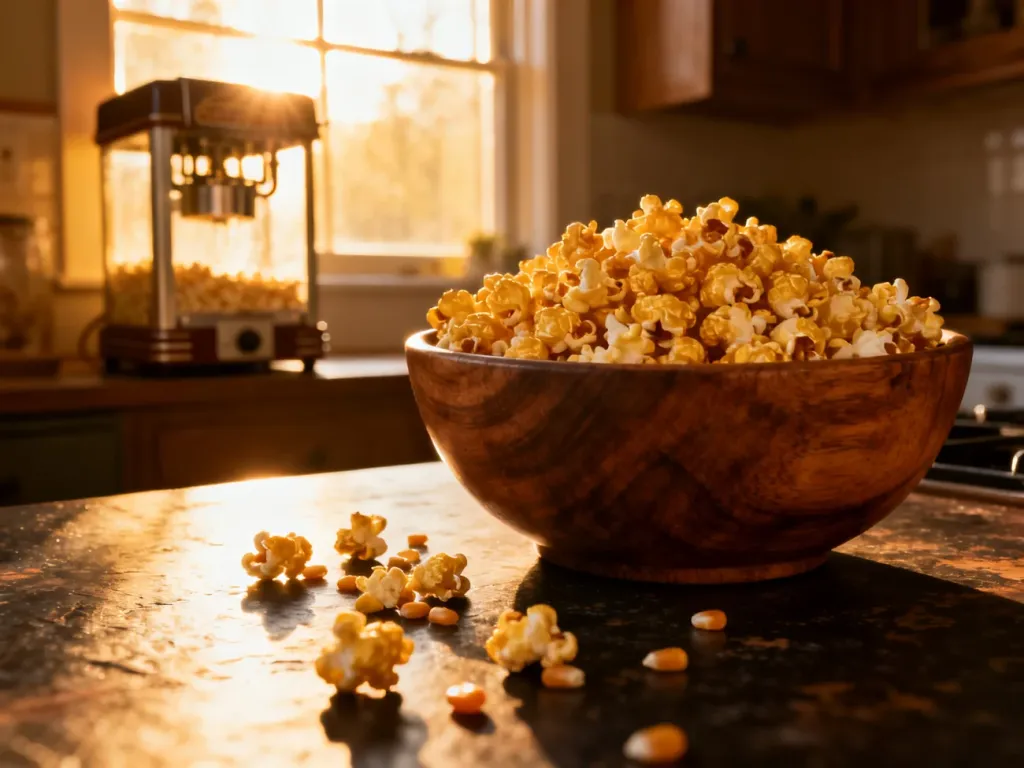 Drewniana miska ze świeżym popcornem na ciemnym stole, w tle maszyna do prażenia ziaren w ciepłym świetle poranka.