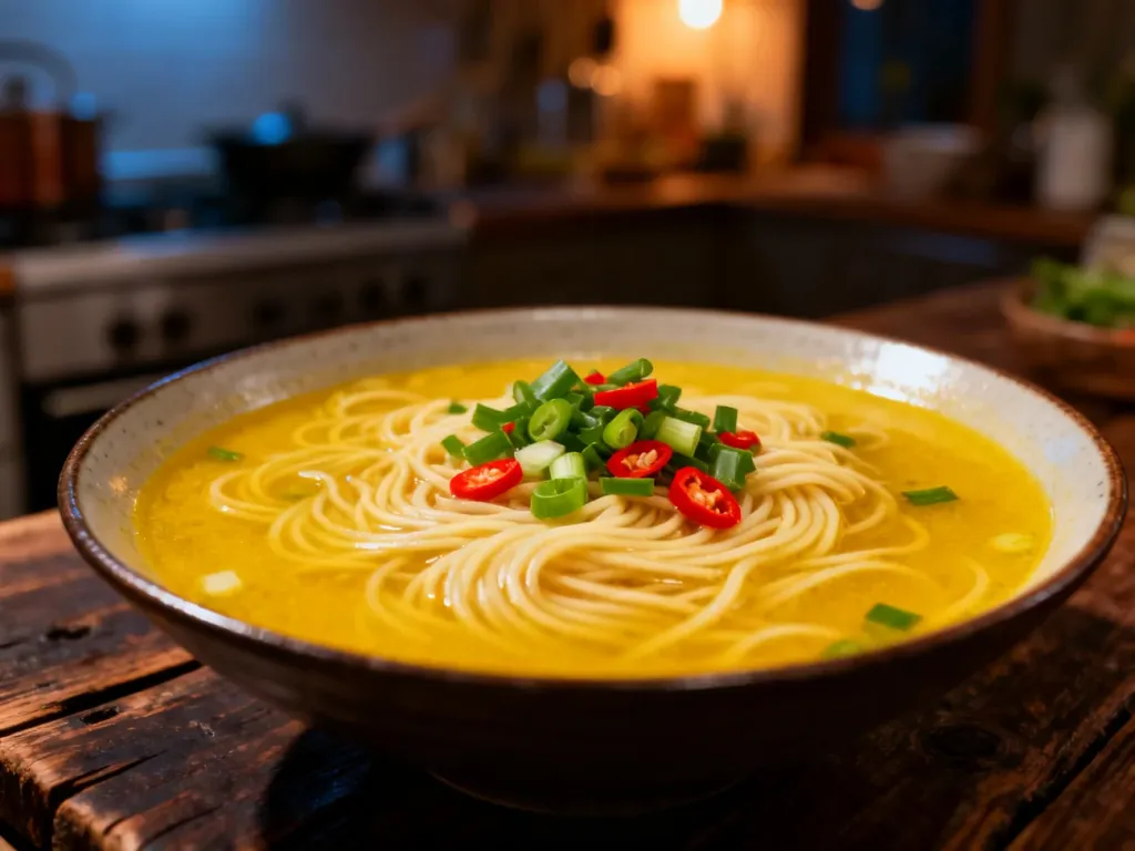 Parująca miska zupy Vifon curry z dodatkiem szczypiorku i chili na drewnianym stole.