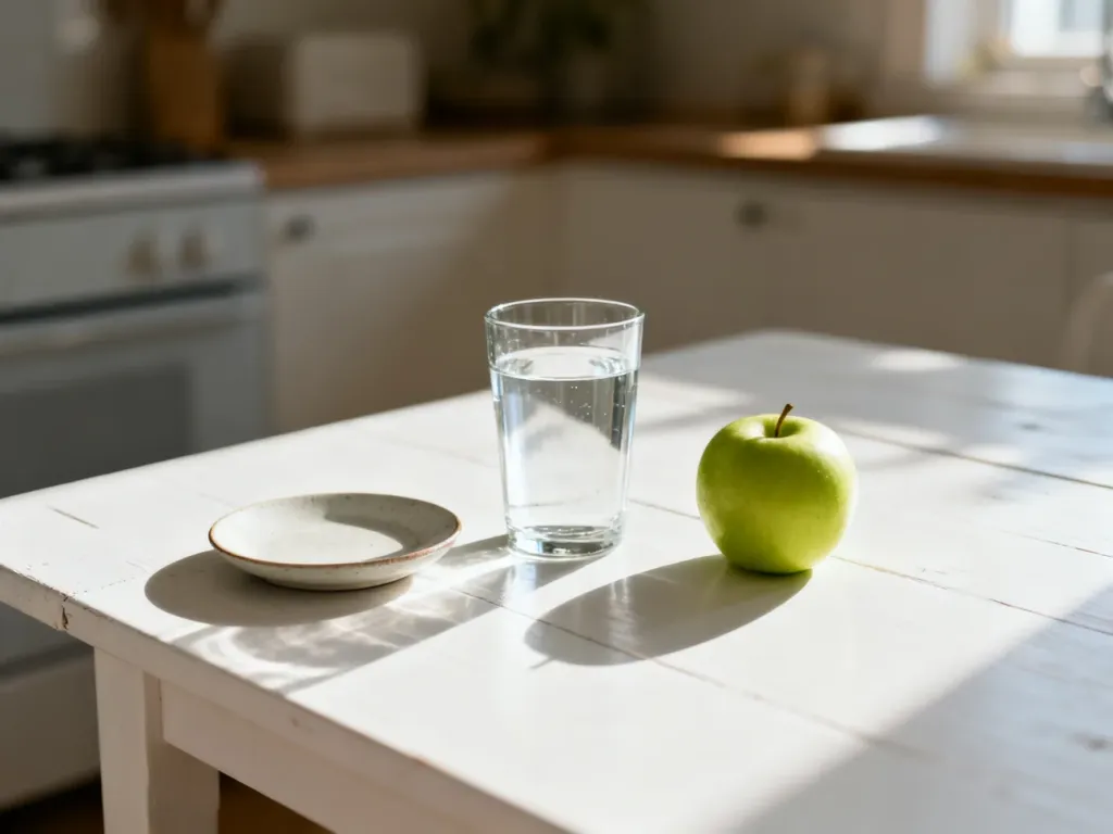 Szklanka wody, pusty talerzyk i jedno zielone jabłko na stole, symbolizujące skrajnie niskokaloryczną dietę.