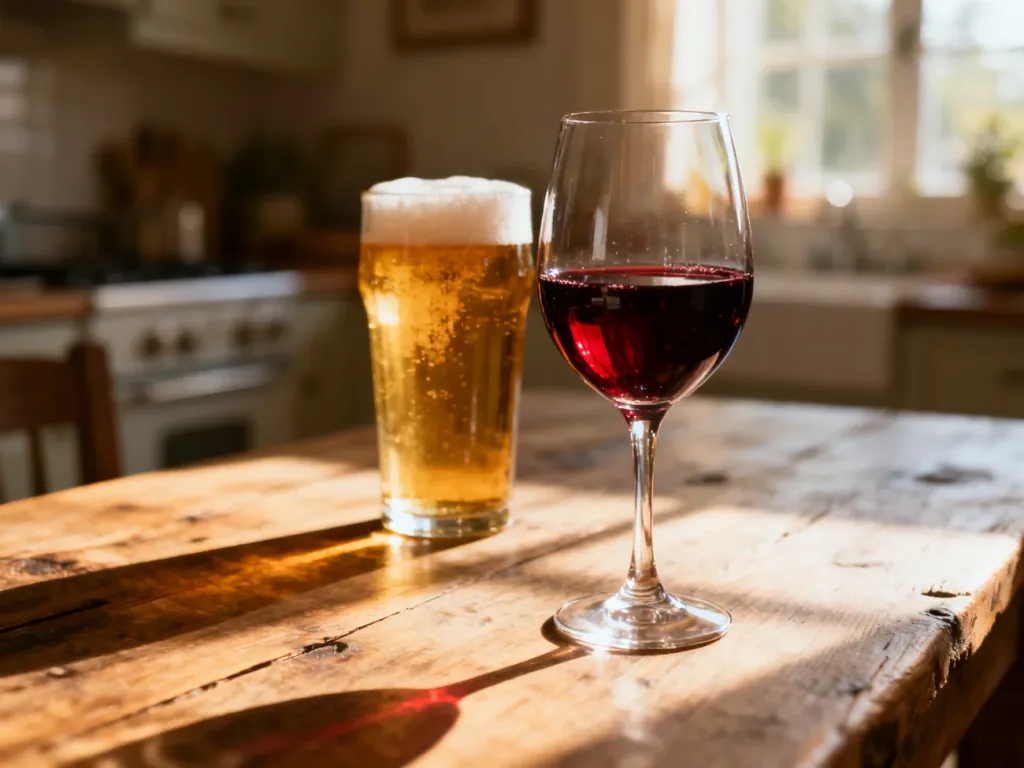 Kieliszek czerwonego wina obok szklanki piwa na drewnianym stole, ilustrujące porównanie obu napojów alkoholowych.
