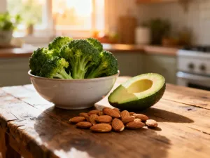Świeże superfoods, takie jak jarmuż, truskawki i orzechy oraz zielony sok, jako podstawa diety SIRT na drewnianym stole.