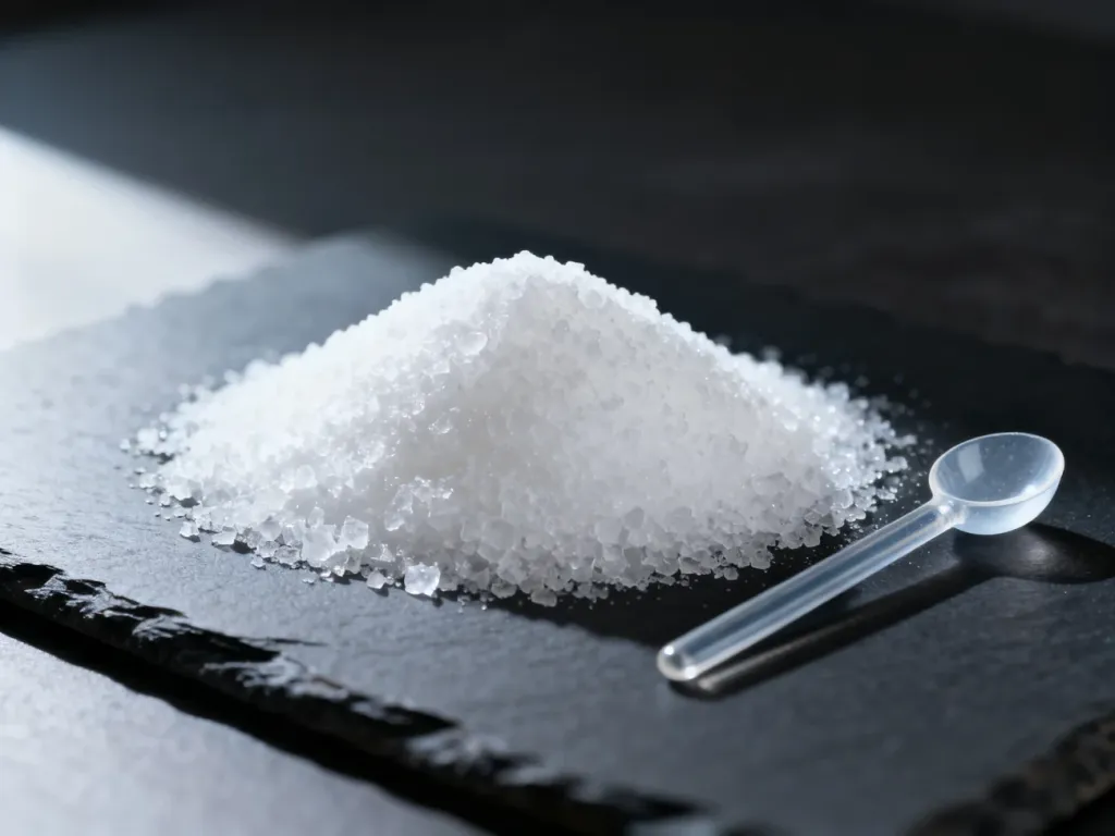 Biały proszek glukozy na ciemnym tle obok laboratoryjnej łyżeczki, obrazujący produkt w kontekście wartości odżywczych.