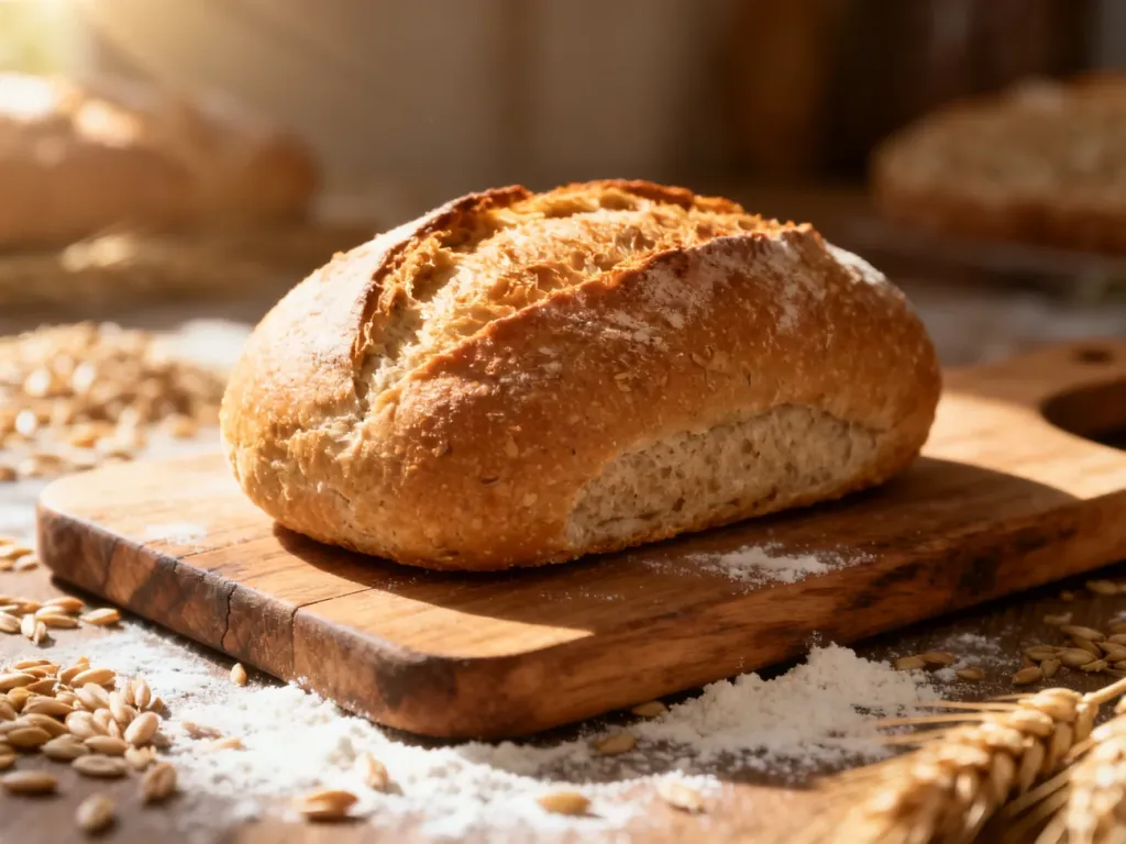 Świeża grahamka na drewnianej desce w otoczeniu ziaren zbóż, podkreślająca naturalny wygląd i teksturę pieczywa.