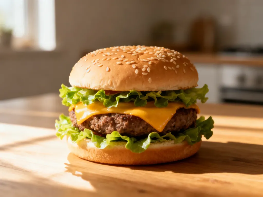 Apetyczny burger wołowy z sałatą i serem na drewnianym stole w promieniach porannego słońca.