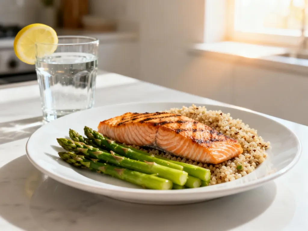 Zbilansowany posiłek z łososiem, komosą ryżową i szparagami, ilustrujący zasady zdrowej diety 1800 kcal.