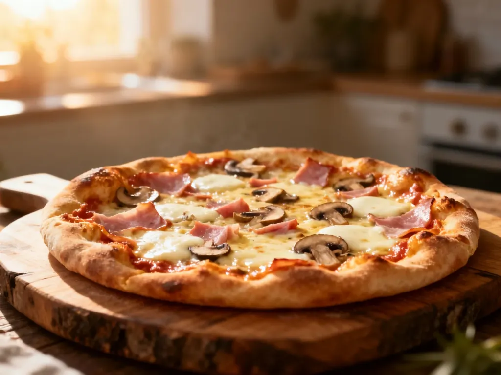 Upieczona pinsa capricciosa z szynką, pieczarkami i mozzarellą na drewnianej desce w przytulnej kuchni.