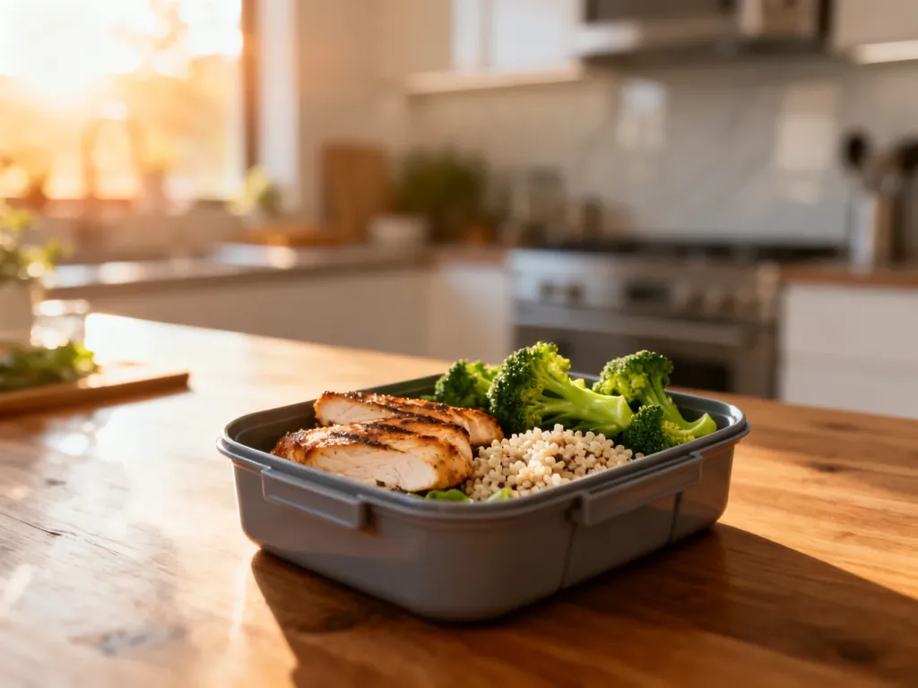 Pudełko z grillowanym kurczakiem, brokułami i komosą ryżową jako przykład zbilansowanego posiłku na diecie 1700 kcal.