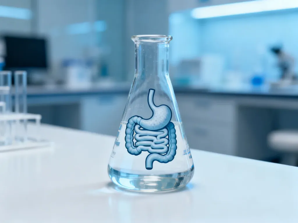 Szklana zlewka w profesjonalnym laboratorium medycznym, symbolizująca procesy trawienne w kontekście badań diagnostycznych.