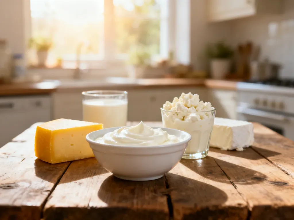 Naturalny jogurt grecki, ser żółty i twaróg na drewnianym stole w słonecznej kuchni.