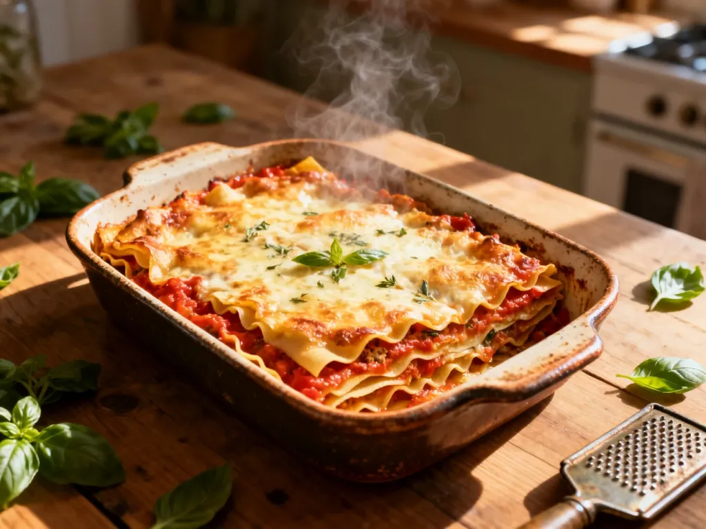 Świeżo upieczona lasagne w ceramicznym naczyniu na drewnianym stole, prezentująca apetyczne warstwy i złocisty ser.