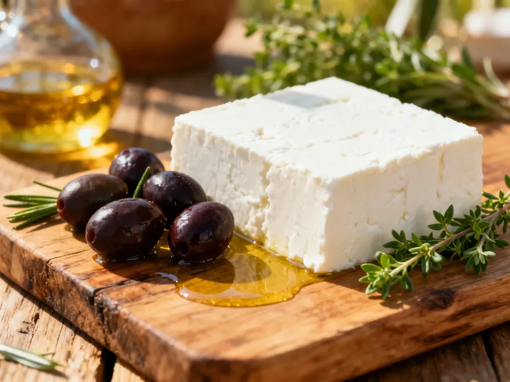 Kawałek białego sera feta na drewnianej desce w towarzystwie oliwek, oregano i oliwy w słonecznej kuchni.
