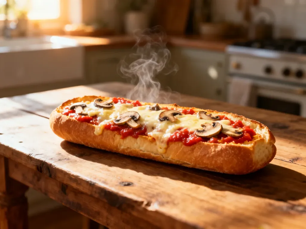 Świeżo upieczona zapiekanka z serem i pieczarkami na drewnianym stole, emanująca ciepłem i apetycznym aromatem.