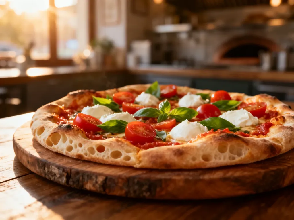 Świeżo upieczona pinsa z pomidorkami, mozzarellą i bazylią na drewnianej desce w klimacie włoskiego bistro.